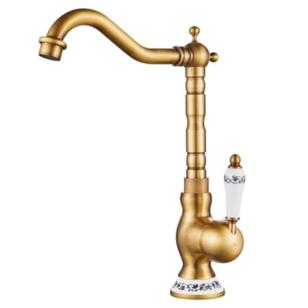 Robinet de Lavabo de Salle de Bain, Poignée Unique Vintage en Céramique, Style Rétro Or, en Laiton Antique, avec Tube Flexible