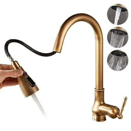 Robinet de cuisine vintage en laiton bronze antique à trou unique avec pulvérisateur rétractable (ruisseau, pulvérisateur, aquablade puissante) (pulvérisateur 3 fonctions)