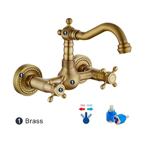 Robinet de cuisine mural vintage pivotant 360° Robinet pour cuisine mural double classique en laiton levier chaud et froid renforcé – Image 3