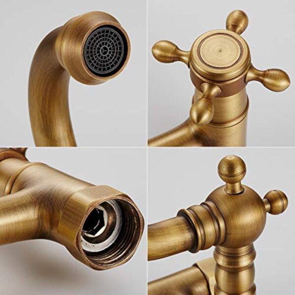 Robinet de cuisine mural vintage pivotant 360° Robinet pour cuisine mural double classique en laiton levier chaud et froid renforcé – Image 7