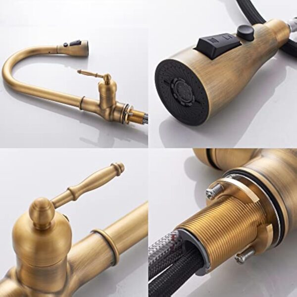 Robinet de cuisine vintage en laiton bronze antique à trou unique avec pulvérisateur rétractable (ruisseau, pulvérisateur, aquablade puissante) (pulvérisateur 3 fonctions) – Image 9