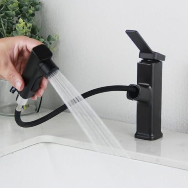 Robinet de salle de bain noir SEMANEY avec douchette extractible, robinets de lavabo haute pression avec 3 types de jet, mitigeur monocommande extensible