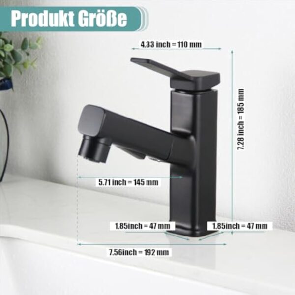 Robinet de salle de bain noir SEMANEY avec douchette extractible, robinets de lavabo haute pression avec 3 types de jet, mitigeur monocommande extensible – Image 3