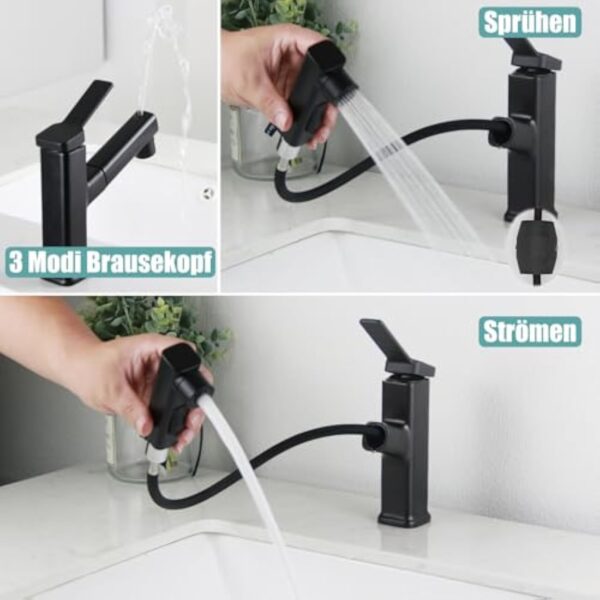 Robinet de salle de bain noir SEMANEY avec douchette extractible, robinets de lavabo haute pression avec 3 types de jet, mitigeur monocommande extensible – Image 4