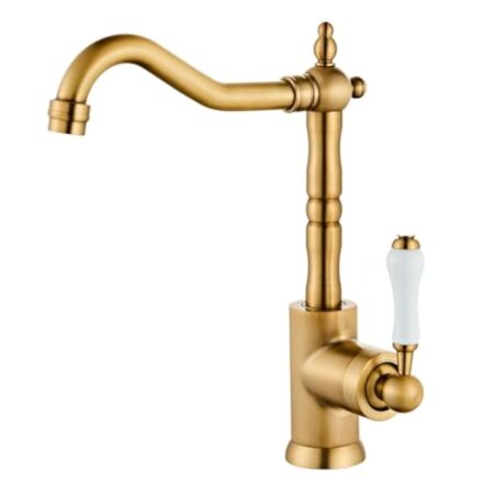 Robinet d'évier de cuisine en laiton antique - Poignée unique - Robinet de bar vintage - Robinet mélangeur à trou unique avec rotation à 360 ° - Long Curve Spout haut arc - Salle de bain - Ferme -