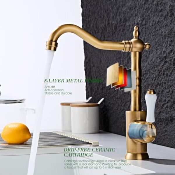 Robinet d'évier de cuisine en laiton antique - Poignée unique - Robinet de bar vintage - Robinet mélangeur à trou unique avec rotation à 360 ° - Long Curve Spout haut arc - Salle de bain - Ferme - – Image 7