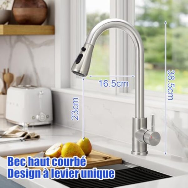 Robinet mélangeur de cuisine,bec pivotant à levier unique à haute arche avec douchette extractible,robinet en acier inoxydable pour évier avec flexibles,raccords standard EU G 3/8" – Image 4