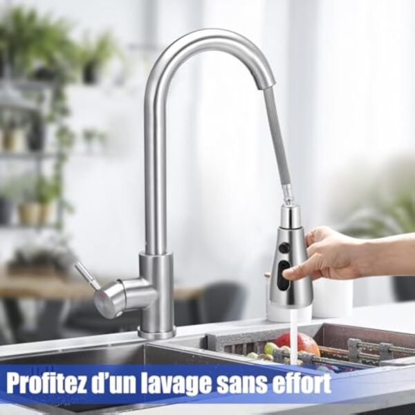 Robinet mélangeur de cuisine,bec pivotant à levier unique à haute arche avec douchette extractible,robinet en acier inoxydable pour évier avec flexibles,raccords standard EU G 3/8" – Image 5