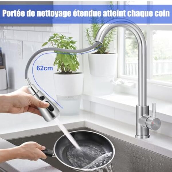 Robinet mélangeur de cuisine,bec pivotant à levier unique à haute arche avec douchette extractible,robinet en acier inoxydable pour évier avec flexibles,raccords standard EU G 3/8" – Image 8
