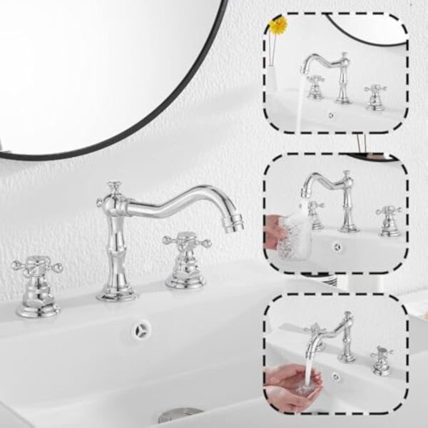 Robinet mitigeur vintage à double poignée 3 trous pour salle de bain, baignoire, 20,3 cm, 2 poignées, 3 trous, chromé – Image 4