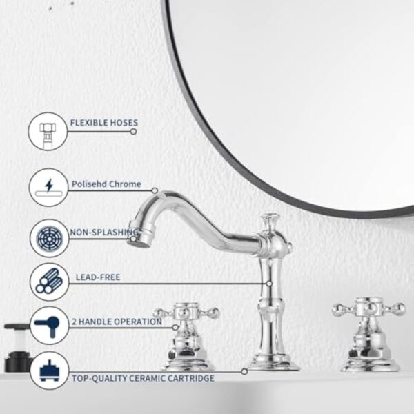 Robinet mitigeur vintage à double poignée 3 trous pour salle de bain, baignoire, 20,3 cm, 2 poignées, 3 trous, chromé – Image 5