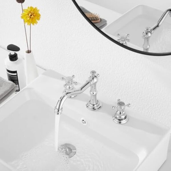 Robinet mitigeur vintage à double poignée 3 trous pour salle de bain, baignoire, 20,3 cm, 2 poignées, 3 trous, chromé – Image 6
