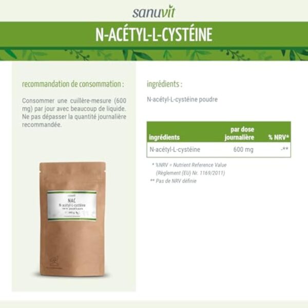 Sanuvit® - NAC poudre | 150 g par sachet | N-acétyl-L-cystéine | Haute biodisponibilité et tolérance | Végétalien – Image 5