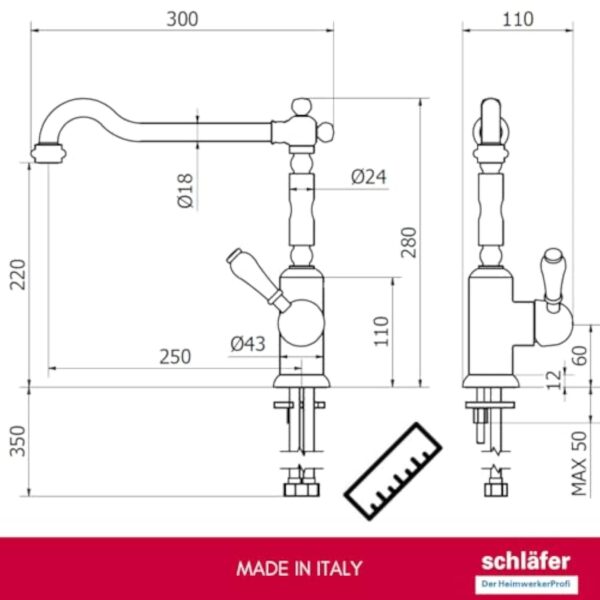 Schläfer 86126510 | Mélangeur Robinet de Cuisine Évier Série Rétro Style Antique Vieux Laiton, Canne Haute Pivotante Universelle, Robinet Vintage Universel en Bronze pour Lavoir, Laverie – Image 3
