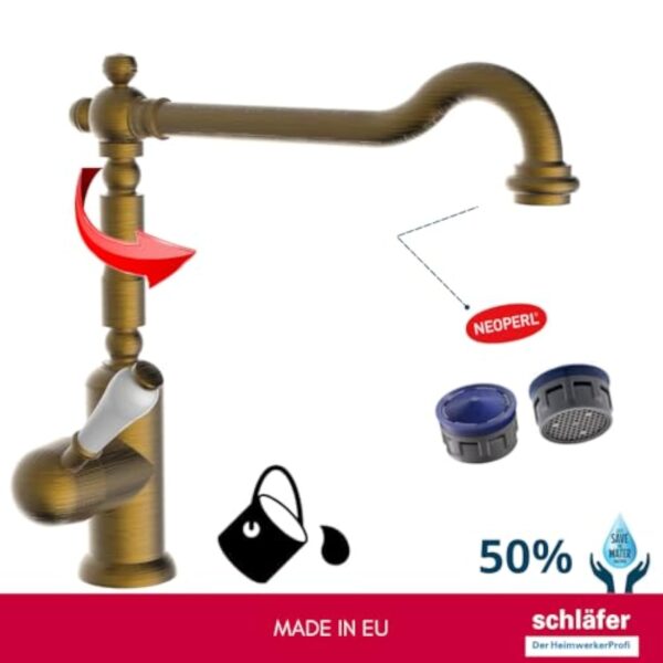 Schläfer 86126510 | Mélangeur Robinet de Cuisine Évier Série Rétro Style Antique Vieux Laiton, Canne Haute Pivotante Universelle, Robinet Vintage Universel en Bronze pour Lavoir, Laverie – Image 4
