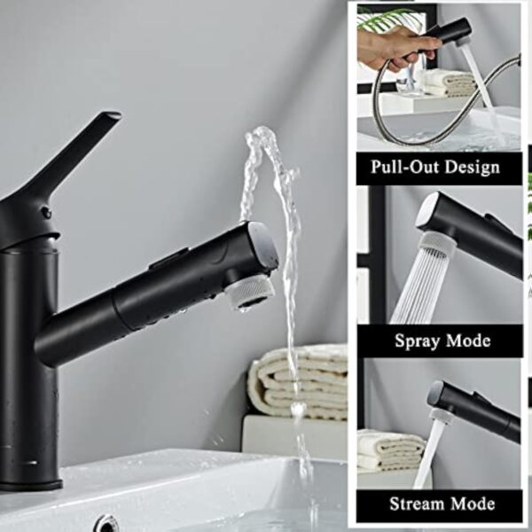 Sumeber Robinet de salle de bain noir avec mitigeur de lavabo extractible avec 2 types de jet - Convient pour lavabo à poser - Chaud, froid - Pour salle de bain – Image 3