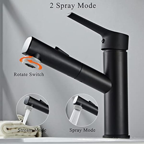Sumeber Robinet de salle de bain noir avec mitigeur de lavabo extractible avec 2 types de jet - Convient pour lavabo à poser - Chaud, froid - Pour salle de bain – Image 4