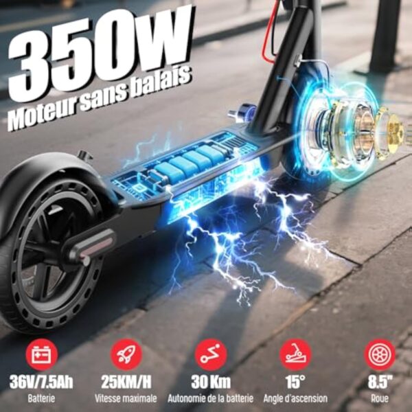 TODIMART T3 Trotinette Electrique Adulte Ultra Legere, Moteur 350W/25KM/H Autonomie 35KM Batterie 36V 7.8Ah,Trottinette électrique Pliable pneus nid d'abeille increvables, Charge 120kg – Image 3