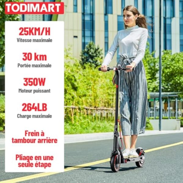 TODIMART T3 Trottinette Electrique Adulte Ultra Legere, Autonomie 30km Trotinette Électrique Pliable Moteur 350W Batterie 36V 7.8Ah, pneus nid d'abeille increvables, Scooter Electrique Adulte – Image 4