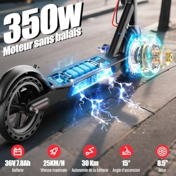 TODIMART T3 Trottinette Electrique Adulte Ultra Legere, Autonomie 30km Trotinette Électrique Pliable Moteur 350W Batterie 36V 7.8Ah, pneus nid d'abeille increvables, Scooter Electrique Adulte – Image 8