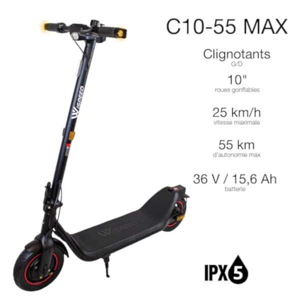 Wispeed - C10-55 Max - Trotinette Électrique pour Adultes - Roues 10" - Autonomie Max 55km - IPX5 - Scooter électrique - Moteur 350 W - Noir – Image 4