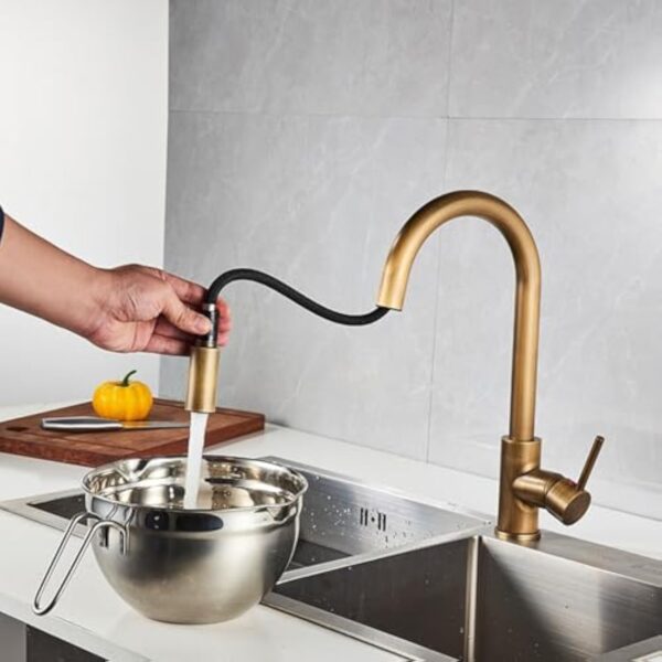 XSDSM Mitigeur Cuisine Douchette Extractible Rétro Robinet Evier avec Douchette Monomode Rotatif à 360° Poignée Unique Chaud et Froid, Bronze – Image 3
