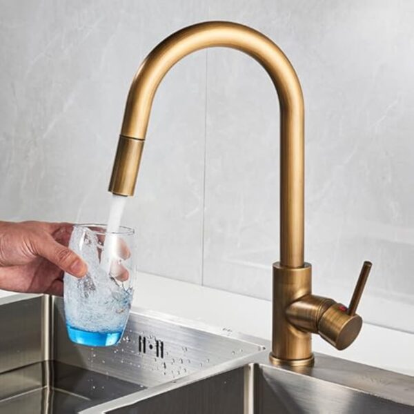 XSDSM Mitigeur Cuisine Douchette Extractible Rétro Robinet Evier avec Douchette Monomode Rotatif à 360° Poignée Unique Chaud et Froid, Bronze – Image 5
