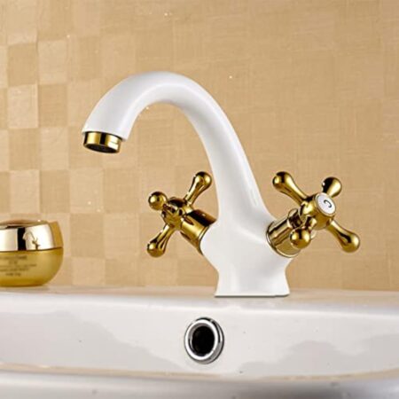 ZYCDP Robinet Lavabo Salle de Bain Vintage blanc Or, Robinet Mitigeur de Lavabo avec Deux Poignées, Froid & Chaud Disponible pour salle de bain en Laiton