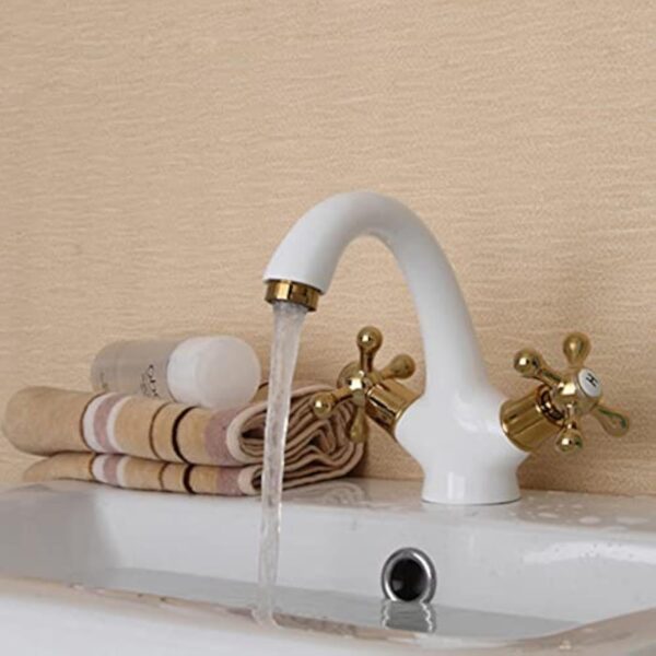 ZYCDP Robinet Lavabo Salle de Bain Vintage blanc Or, Robinet Mitigeur de Lavabo avec Deux Poignées, Froid & Chaud Disponible pour salle de bain en Laiton – Image 4