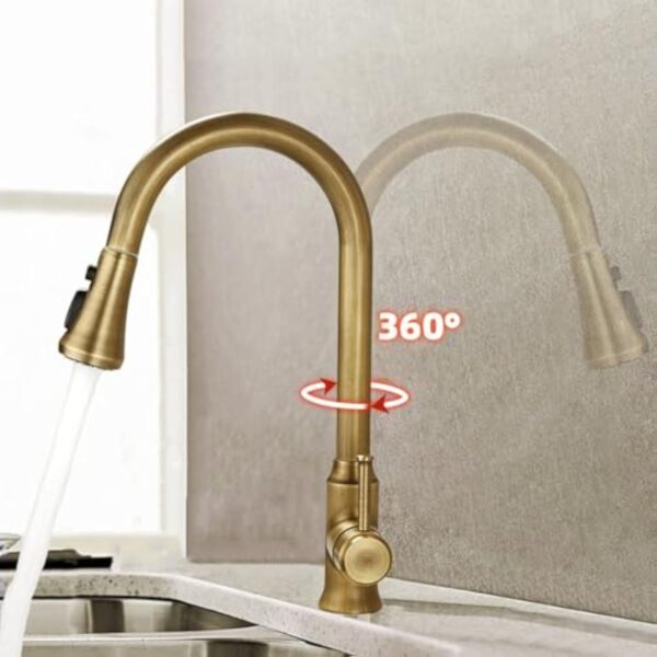 ZYCDP Robinet de Cuisine Vintage avec Douchette, Robinet de Cuisine Pivotant à 360 Mitigeur Cuisine Chaud et Froid à Poignée Unique Antique – Image 4