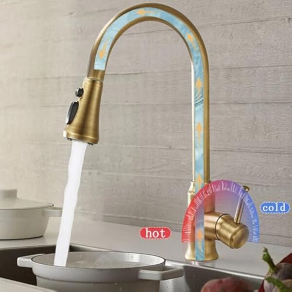 ZYCDP Robinet de Cuisine Vintage avec Douchette, Robinet de Cuisine Pivotant à 360 Mitigeur Cuisine Chaud et Froid à Poignée Unique Antique – Image 7