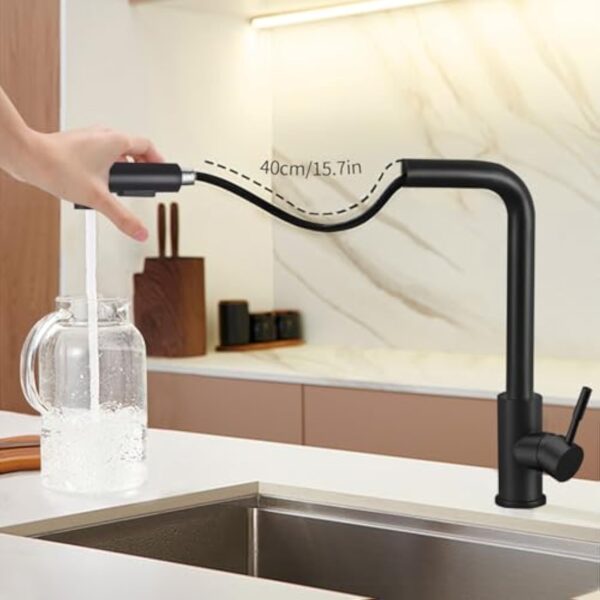 Zhufas Robinet Cuisine, Mitigeur Cuisine, Robinet de Cuisine avec Douche Extractible, Robinet Cuisine Noir en Acier Inoxydable, Robinet Cuisine avec Douche, Deux Types de Jets D'eau, Pivotant à 360° – Image 3