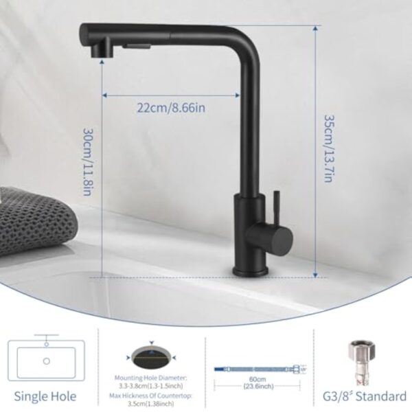 Zhufas Robinet Cuisine, Mitigeur Cuisine, Robinet de Cuisine avec Douche Extractible, Robinet Cuisine Noir en Acier Inoxydable, Robinet Cuisine avec Douche, Deux Types de Jets D'eau, Pivotant à 360° – Image 4