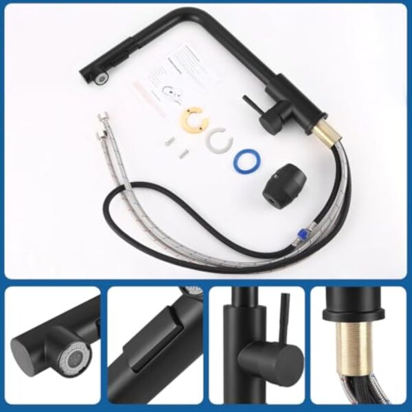 Zhufas Robinet Cuisine, Mitigeur Cuisine, Robinet de Cuisine avec Douche Extractible, Robinet Cuisine Noir en Acier Inoxydable, Robinet Cuisine avec Douche, Deux Types de Jets D'eau, Pivotant à 360° – Image 8