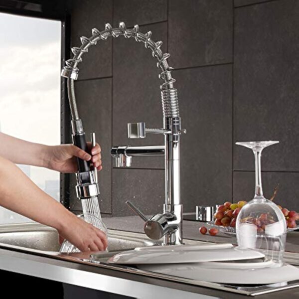 tectake® Ensemble de 2 Robinet cuisine 2 Mitigeur cuisine avec douchette Robinetterie de cuisine extractible en laiton chromé Pivotant à 360° Buse anti calcaire Cuisine accessoires Évier cuisine – Image 3
