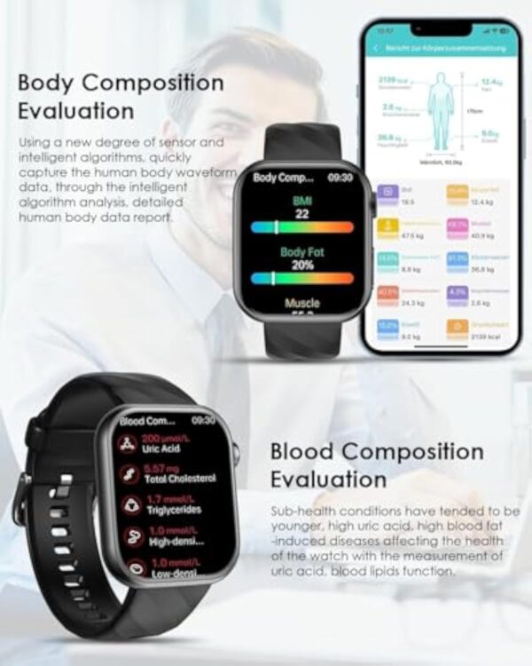 2025 Montre Connectée Homme Femme avec 𝐆𝐥𝐲𝐜é𝐦𝐢𝐞/ECG+HRV/IMC/Acide Urique/Lipides, 1.97" AMOLED Smartwatch avec 24H Fréquence Cardiaque, SpO2, Sommeil Monitor pour Android/iOS – Image 4