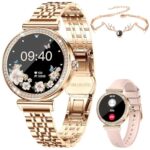 BKOHJAJI Montre Connectée Femme avec Appel Bluetooth/écran HD Ronde 1,27",120 Sportifs/Fonction Femme/Fréquence Cardiaque/Spo2/Sommeil/Calories Montre Connectée pour Android iOS, Or, Bracelet Cadeau