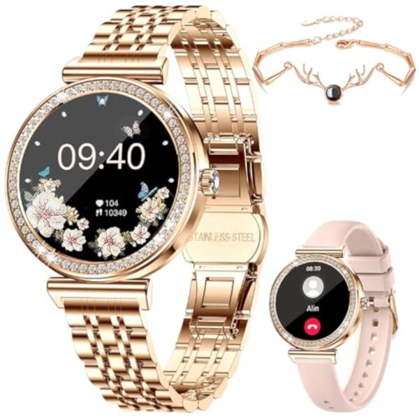 BKOHJAJI Montre Connectée Femme avec Appel Bluetooth/écran HD Ronde 1,27",120 Sportifs/Fonction Femme/Fréquence Cardiaque/Spo2/Sommeil/Calories Montre Connectée pour Android iOS, Or, Bracelet Cadeau