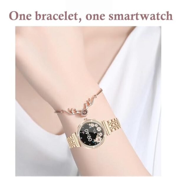 BKOHJAJI Montre Connectée Femme avec Appel Bluetooth/écran HD Ronde 1,27",120 Sportifs/Fonction Femme/Fréquence Cardiaque/Spo2/Sommeil/Calories Montre Connectée pour Android iOS, Or, Bracelet Cadeau – Image 3