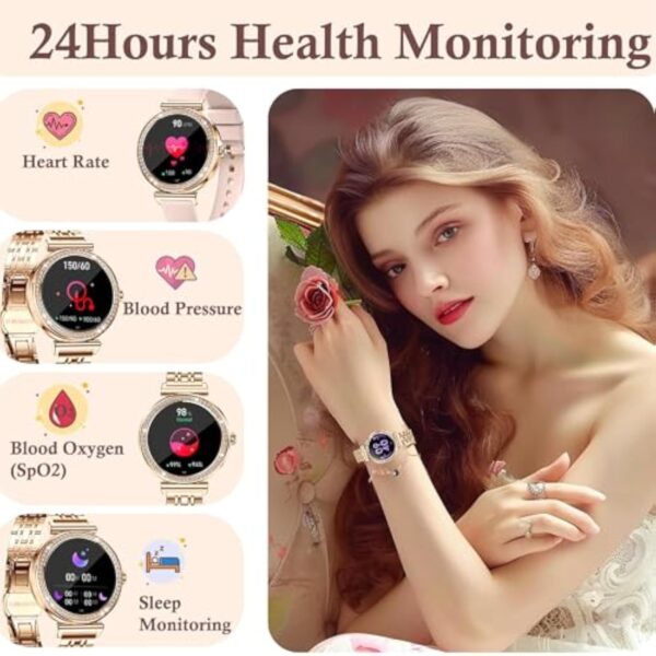 BKOHJAJI Montre Connectée Femme avec Appel Bluetooth/écran HD Ronde 1,27",120 Sportifs/Fonction Femme/Fréquence Cardiaque/Spo2/Sommeil/Calories Montre Connectée pour Android iOS, Or, Bracelet Cadeau – Image 4