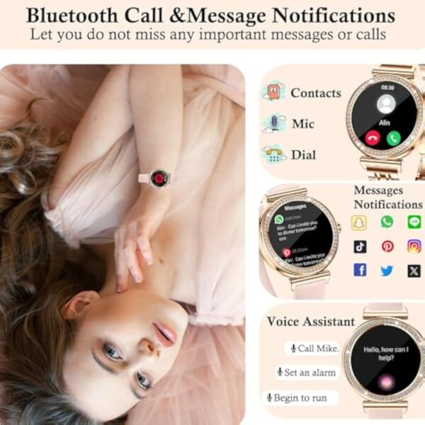 BKOHJAJI Montre Connectée Femme avec Appel Bluetooth/écran HD Ronde 1,27",120 Sportifs/Fonction Femme/Fréquence Cardiaque/Spo2/Sommeil/Calories Montre Connectée pour Android iOS, Or, Bracelet Cadeau – Image 5