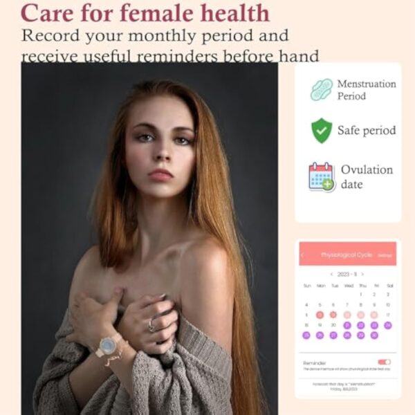 BKOHJAJI Montre Connectée Femme avec Appel Bluetooth/écran HD Ronde 1,27",120 Sportifs/Fonction Femme/Fréquence Cardiaque/Spo2/Sommeil/Calories Montre Connectée pour Android iOS, Or, Bracelet Cadeau – Image 6