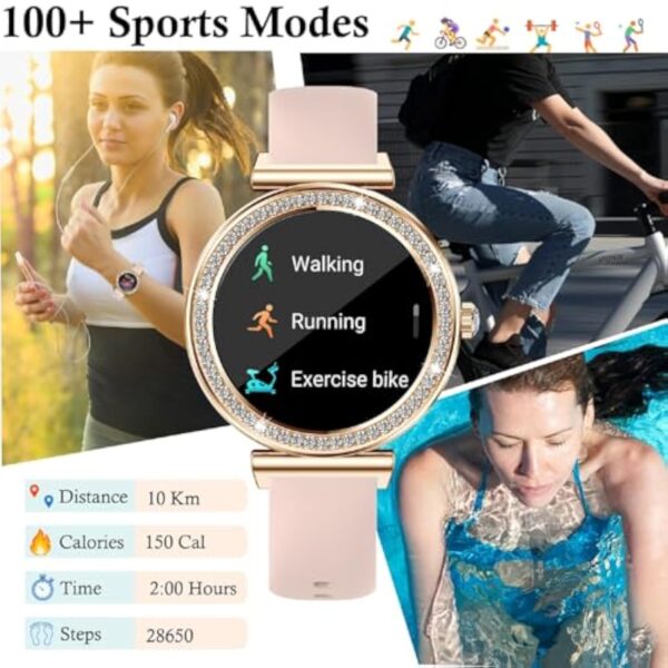 BKOHJAJI Montre Connectée Femme avec Appel Bluetooth/écran HD Ronde 1,27",120 Sportifs/Fonction Femme/Fréquence Cardiaque/Spo2/Sommeil/Calories Montre Connectée pour Android iOS, Or, Bracelet Cadeau – Image 7