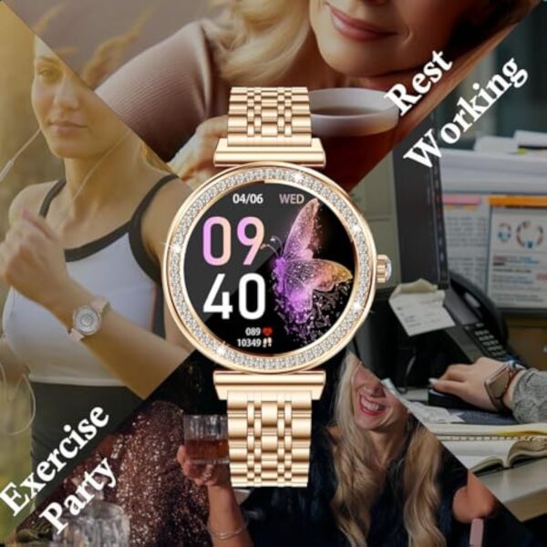 BKOHJAJI Montre Connectée Femme avec Appel Bluetooth/écran HD Ronde 1,27",120 Sportifs/Fonction Femme/Fréquence Cardiaque/Spo2/Sommeil/Calories Montre Connectée pour Android iOS, Or, Bracelet Cadeau – Image 8