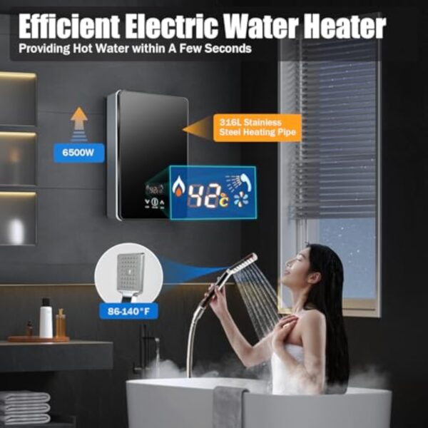 Chauffe-Eau Électrique Instantané - 6500 W 220 V - Pour Salle de Bain, Douche, Cuisine - 33 à 55 °C, Numérique LED - Pour Hôtel - Noir – Image 4