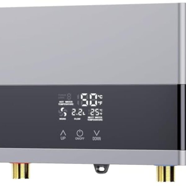 Chauffe-eau électriques 220V 6000W, Chauffe-eau électrique sans réservoir, Petit chauffe-eau instantané électrique économie d'eau Avec écran numérique, Pour cuisine, salle de bain, lavage (Sliver)