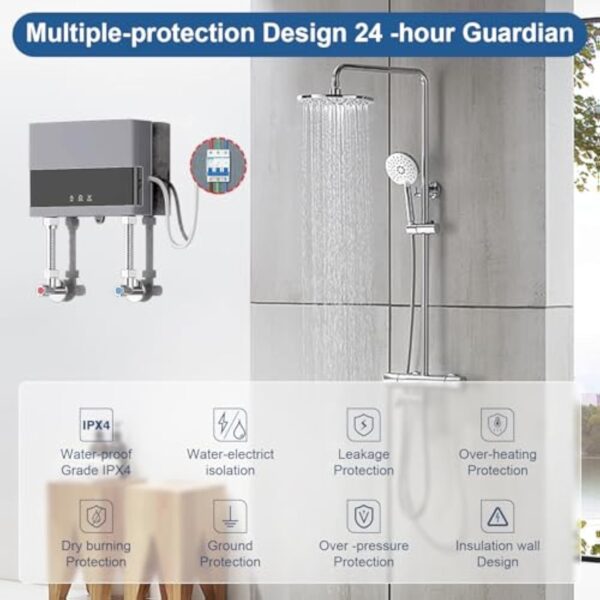 Chauffe-eau électriques 220V 6000W, Chauffe-eau électrique sans réservoir, Petit chauffe-eau instantané électrique économie d'eau Avec écran numérique, Pour cuisine, salle de bain, lavage (Sliver) – Image 3