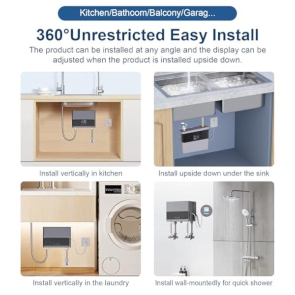 Chauffe-eau électriques 220V 6000W, Chauffe-eau électrique sans réservoir, Petit chauffe-eau instantané électrique économie d'eau Avec écran numérique, Pour cuisine, salle de bain, lavage (Sliver) – Image 5