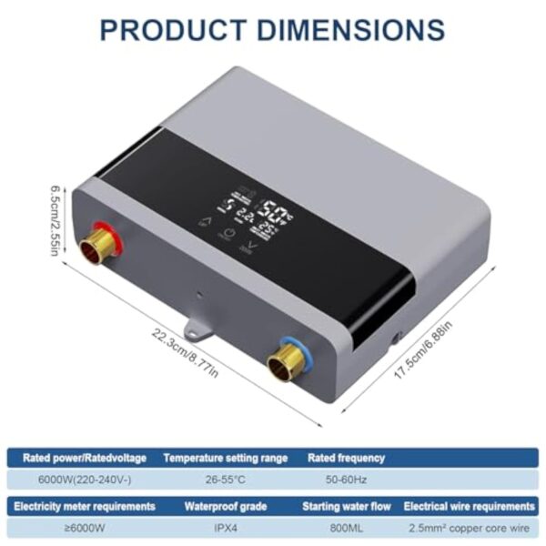 Chauffe-eau électriques 220V 6000W, Chauffe-eau électrique sans réservoir, Petit chauffe-eau instantané électrique économie d'eau Avec écran numérique, Pour cuisine, salle de bain, lavage (Sliver) – Image 7