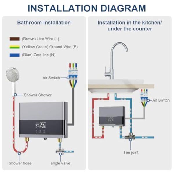 Chauffe-eau électriques 220V 6000W, Chauffe-eau électrique sans réservoir, Petit chauffe-eau instantané électrique économie d'eau Avec écran numérique, Pour cuisine, salle de bain, lavage (Sliver) – Image 8